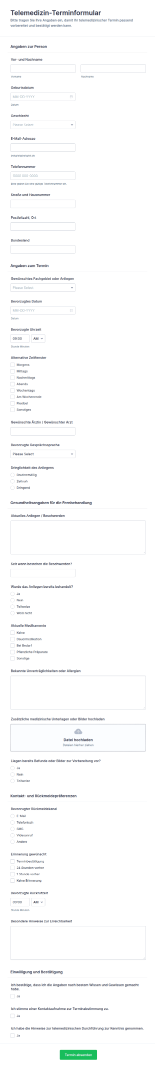 Telemedizin Terminvereinbarung Formular