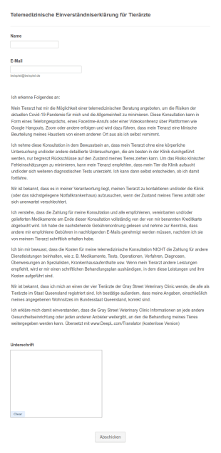 Telemedizinische Einverständniserklärung Für Tierärzte