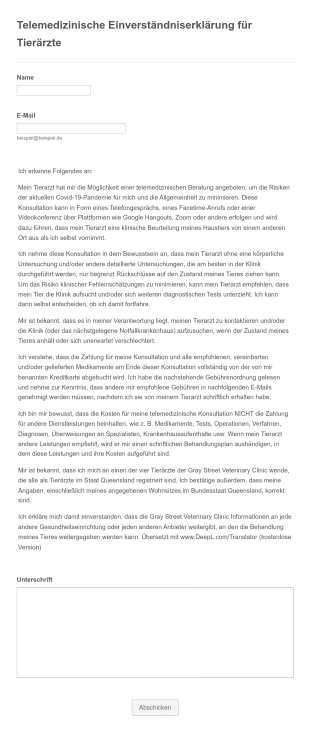 Telemedizinische Einverständniserklärung Für Tierärzte Form Template