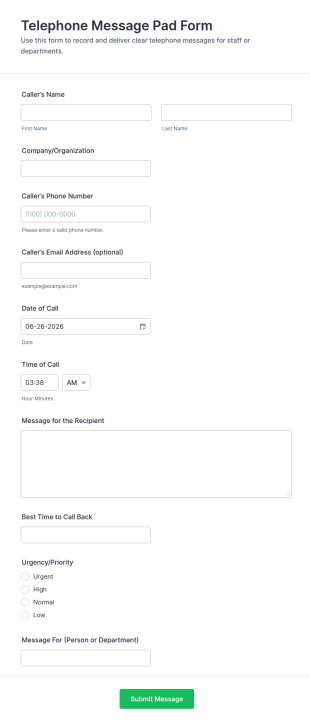 Telephone Message Pad Form Template