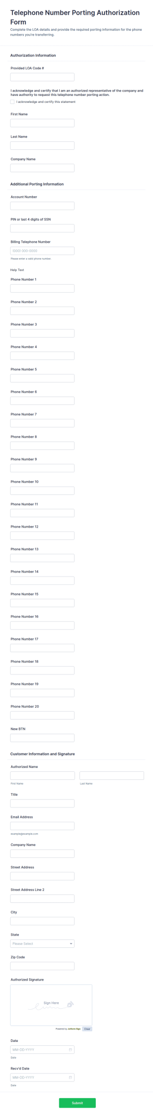 Telephone Number Porting Authorization Form Template