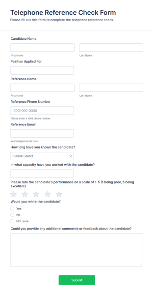 Telephone Reference Check Form Template