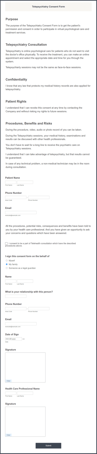 Telepsychiatry Consent Form Template