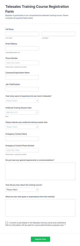 Telesales Training Course Registration Form Template
