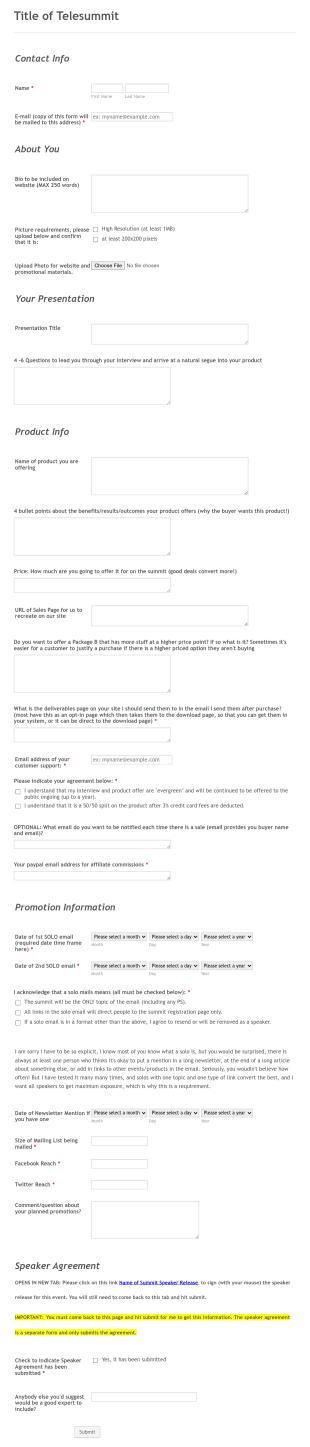 Telesummit Producers Course Template Speaker General Info 2 Form Template