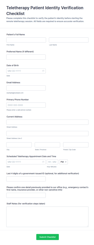 Teletherapy Patient Identity Verification Checklist Form Template