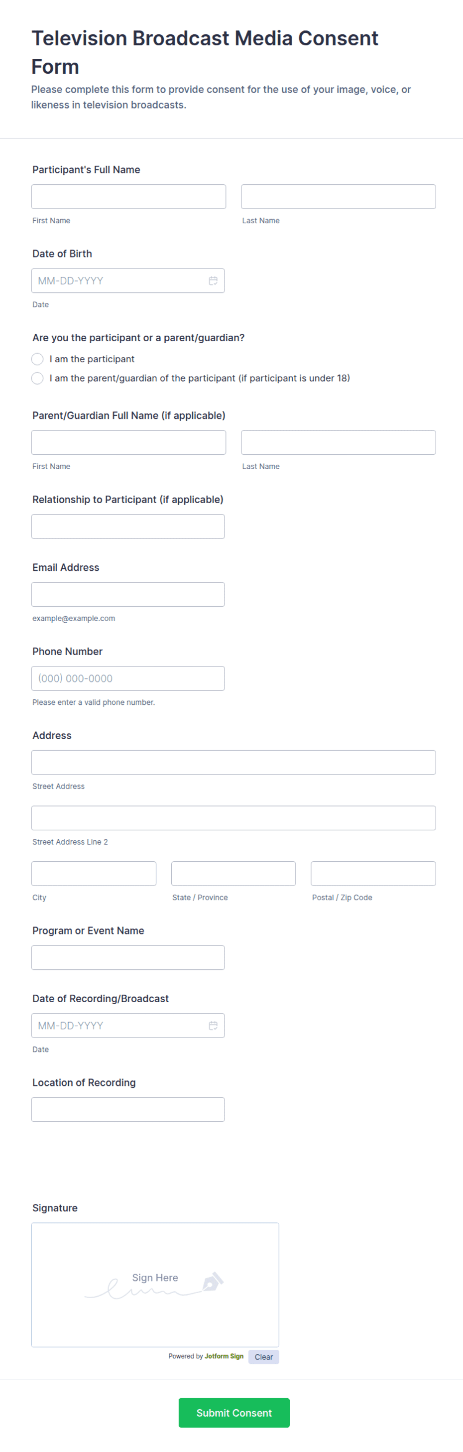 Television Broadcast Media Consent Form Template | Jotform