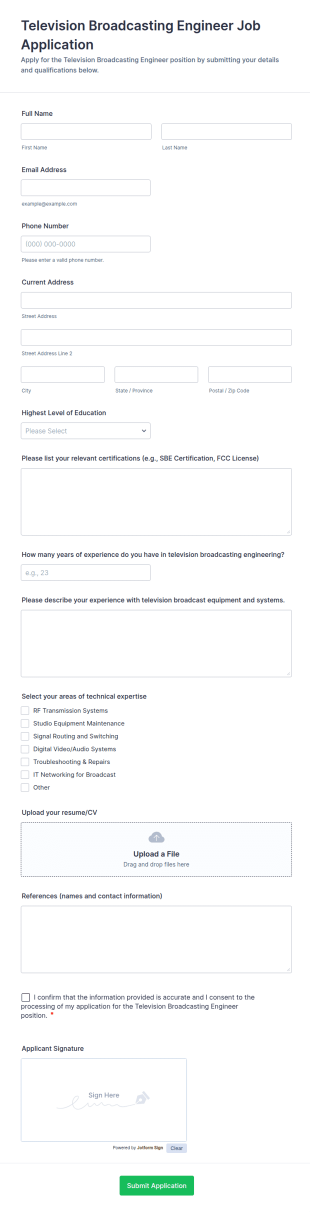 Television Broadcasting Engineer Job Application Form Template