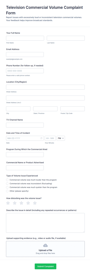 Television Commercial Volume Complaint Form Template