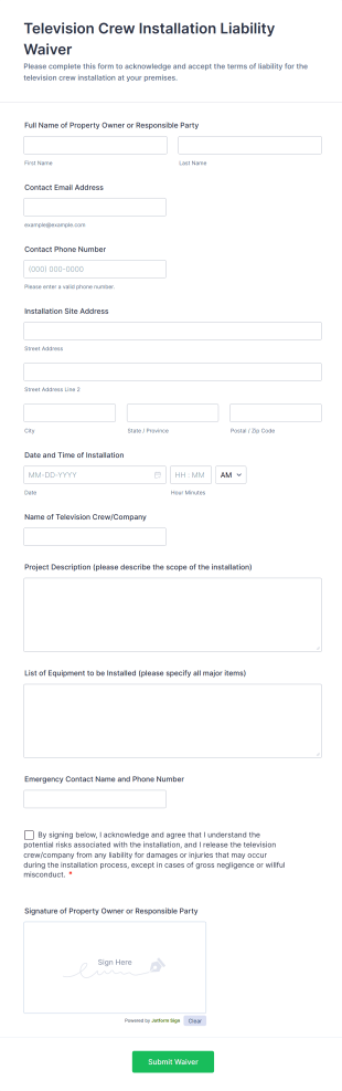 Television Crew Installation Liability Waiver Form Template