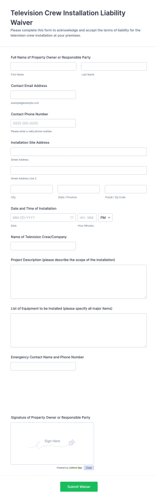Television Crew Installation Liability Waiver Form Template