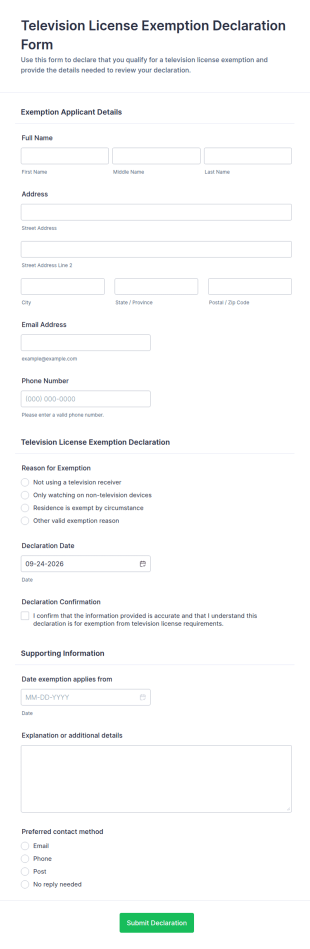 Television License Exemption Declaration Form Template