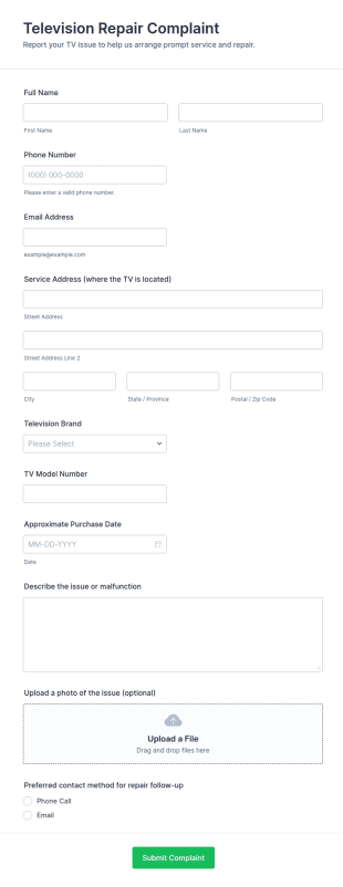 Television Repair Complaint Form Template