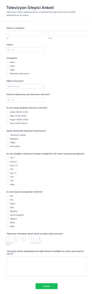 Televizyon İzleyici Anketi Form Şablonu