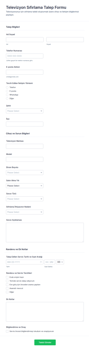 Televizyon Reset Talep Form Şablonu