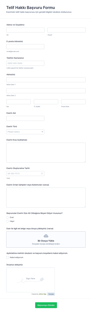 Telif Hakkı Başvuru Formu 📜 Form Şablonu