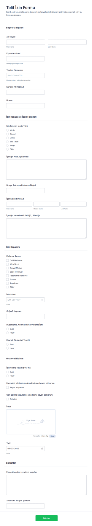 Telif Hakkı İzin Form Şablonu