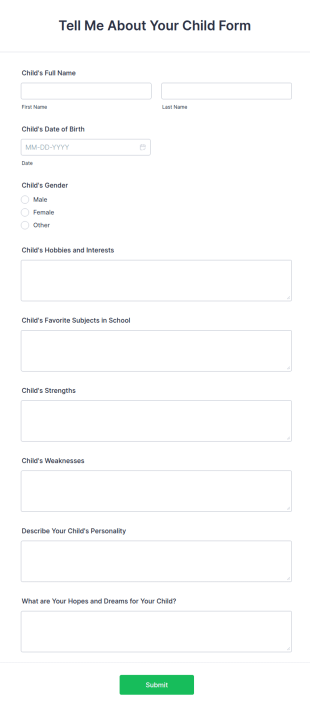 Tell Me About Your Child Form Template