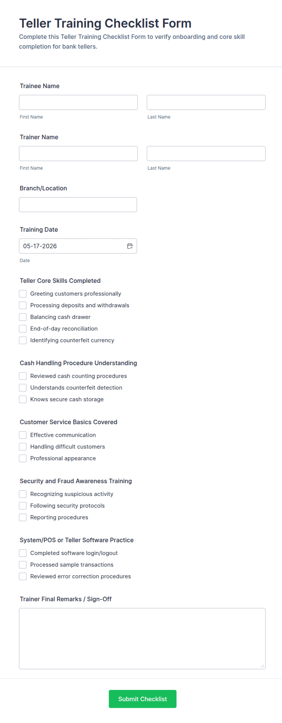 Teller Training Checklist Form Template | Jotform