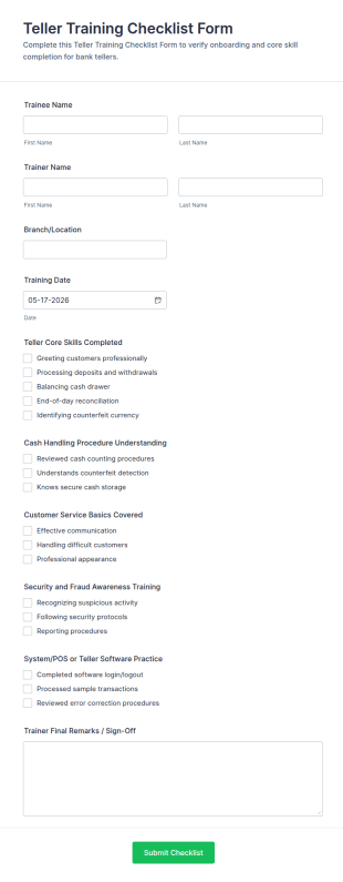 Teller Training Checklist Form Template