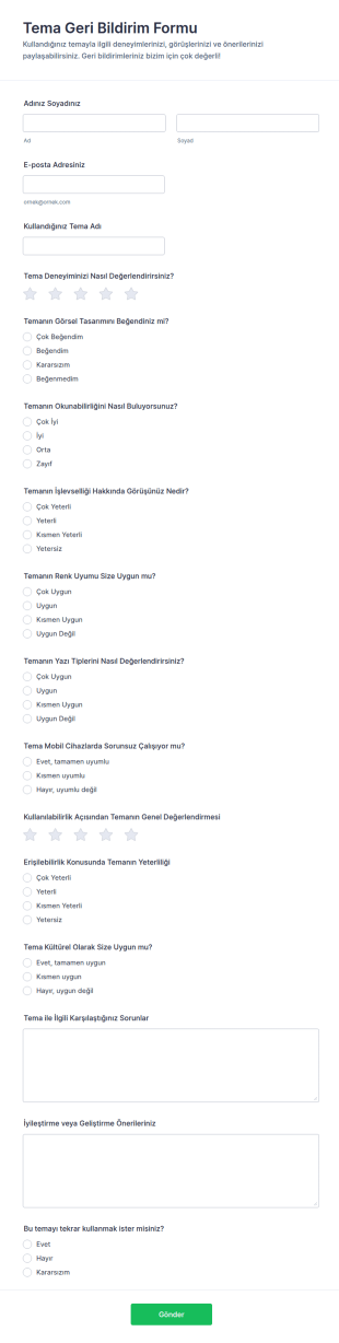 Tema Geri Bildirim Anketi Form Şablonu