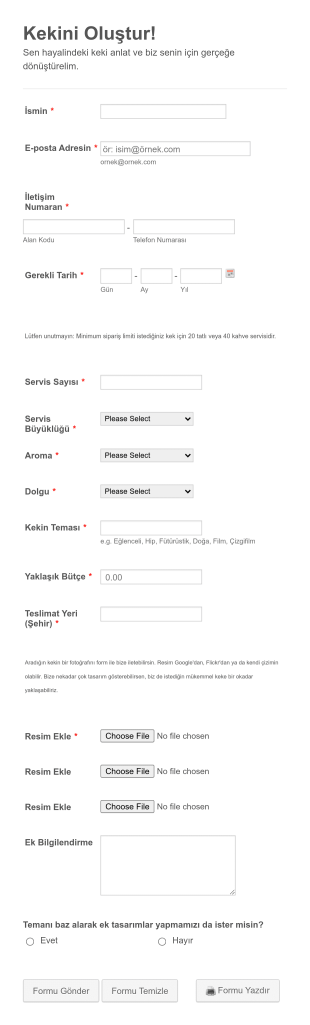 Temalı Pasta Sipariş Form Şablonu