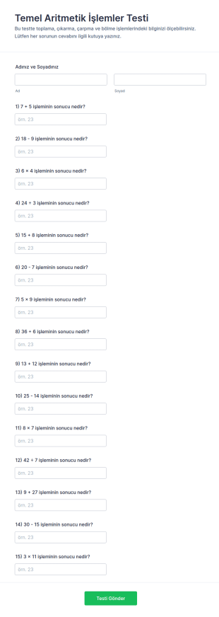Temel Aritmetik İşlemler Quiz’i Form Şablonu