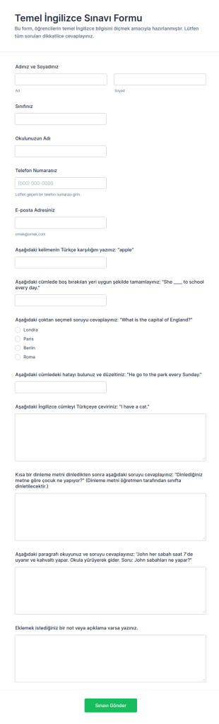 Temel İngilizce Sınavı Form Şablonu