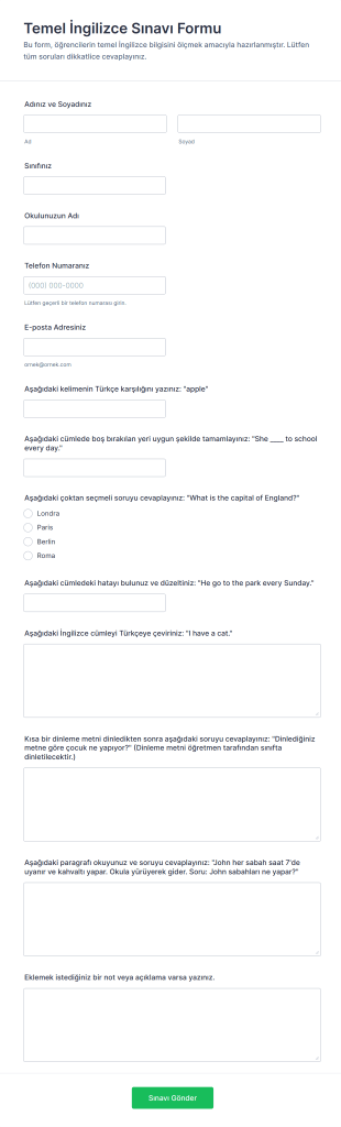 Temel İngilizce Sınavı Form Şablonu