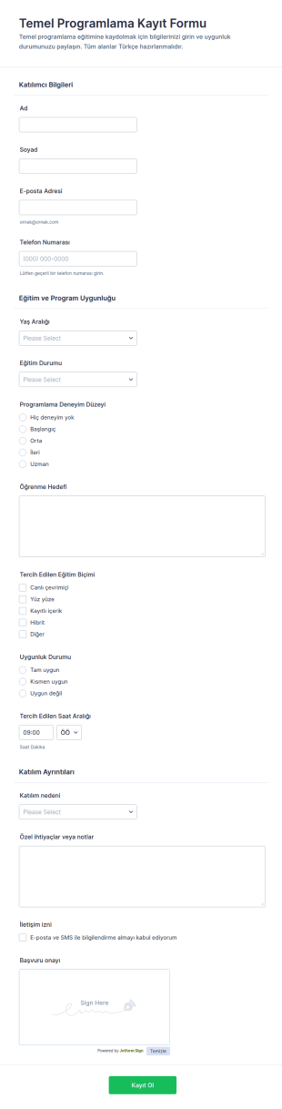 Temel Programlama Kayıt Form Şablonu