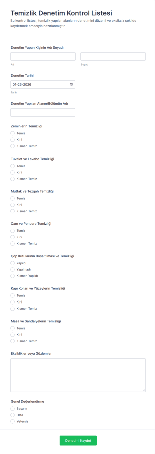 Temizlik Denetim Kontrol Listesi Form Template