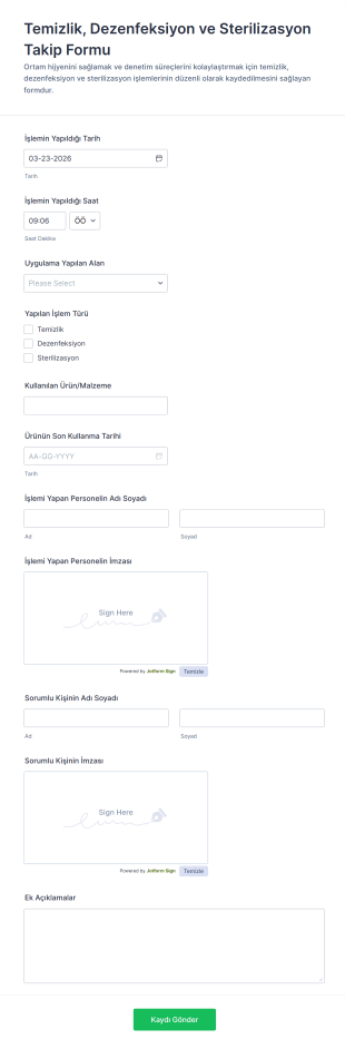 Temizlik, Dezenfeksiyon Ve Sterilizasyon Takip Form Şablonu