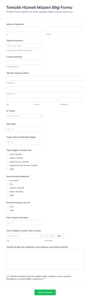 Temizlik Hizmeti Müşteri Bilgi Form Template