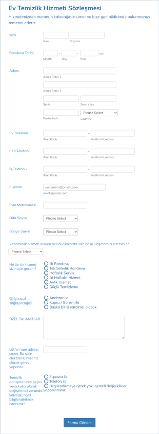 Temizlik Hizmeti Sözleşmesi Form Şablonu