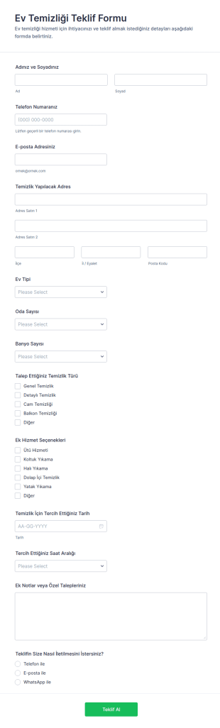 Temizlik Hizmeti Tahmini Form Şablonu