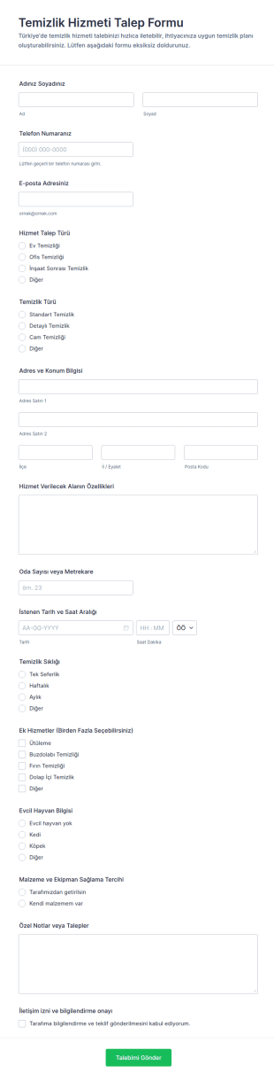 Temizlik Hizmeti Talep Formu 🧹✨ Form Şablonu