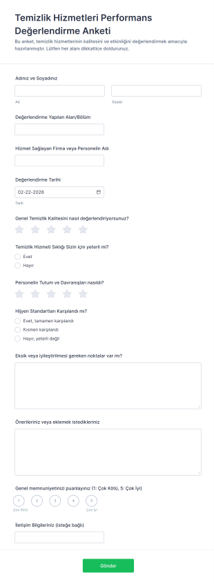 Temizlik Hizmetleri Performans Değerlendirme Anketi Form Şablonu