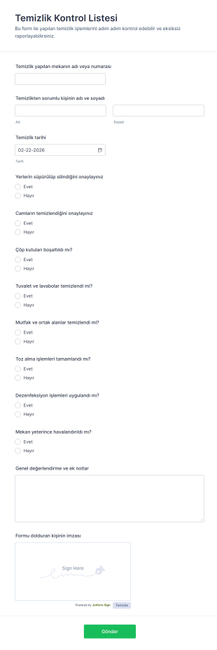 Temizlik Kontrol Listesi Form Şablonu