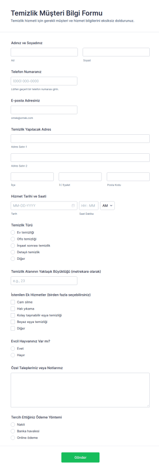 Temizlik Müşteri Bilgi Form Şablonu