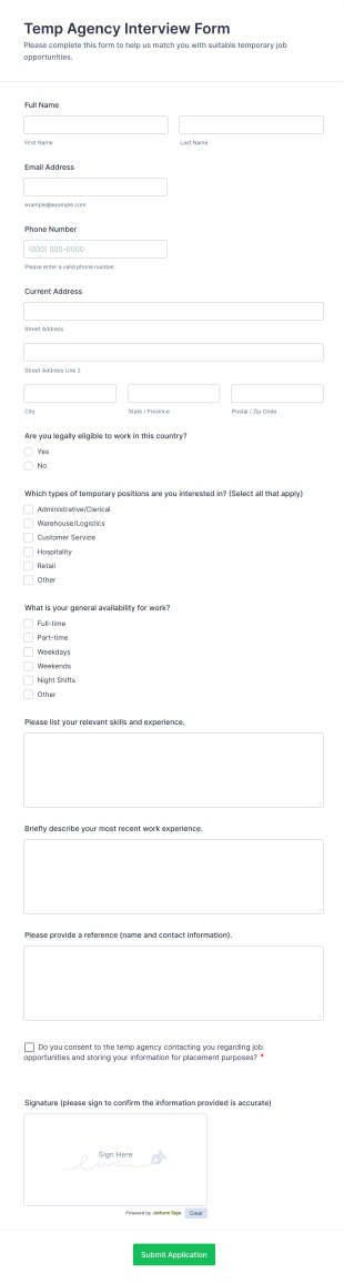 Temp Agency Interview Form Form Template