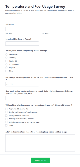 Temperature And Fuel Usage Survey Form Template