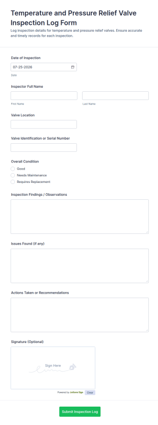 Temperature And Pressure Relief Valve Inspection Log Form Template