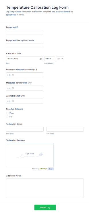 Temperature Calibration Log Form Template