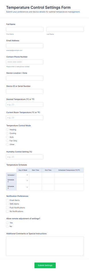 Temperature Control Settings Form Template