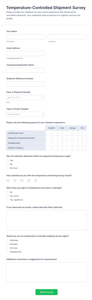 Temperature Controlled Shipment Survey Form Template