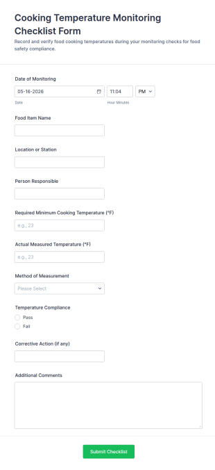 Temperature Monitoring Checklist Form Template