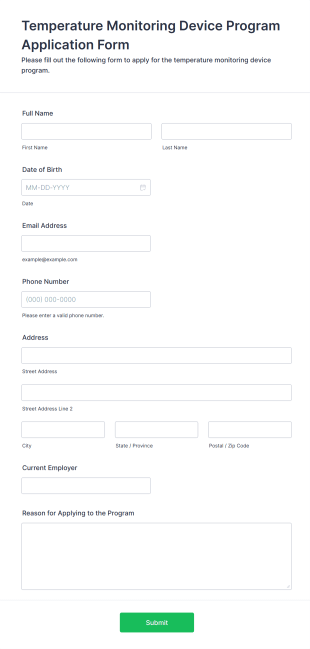 Temperature Monitoring Device Program Application Form Form Template