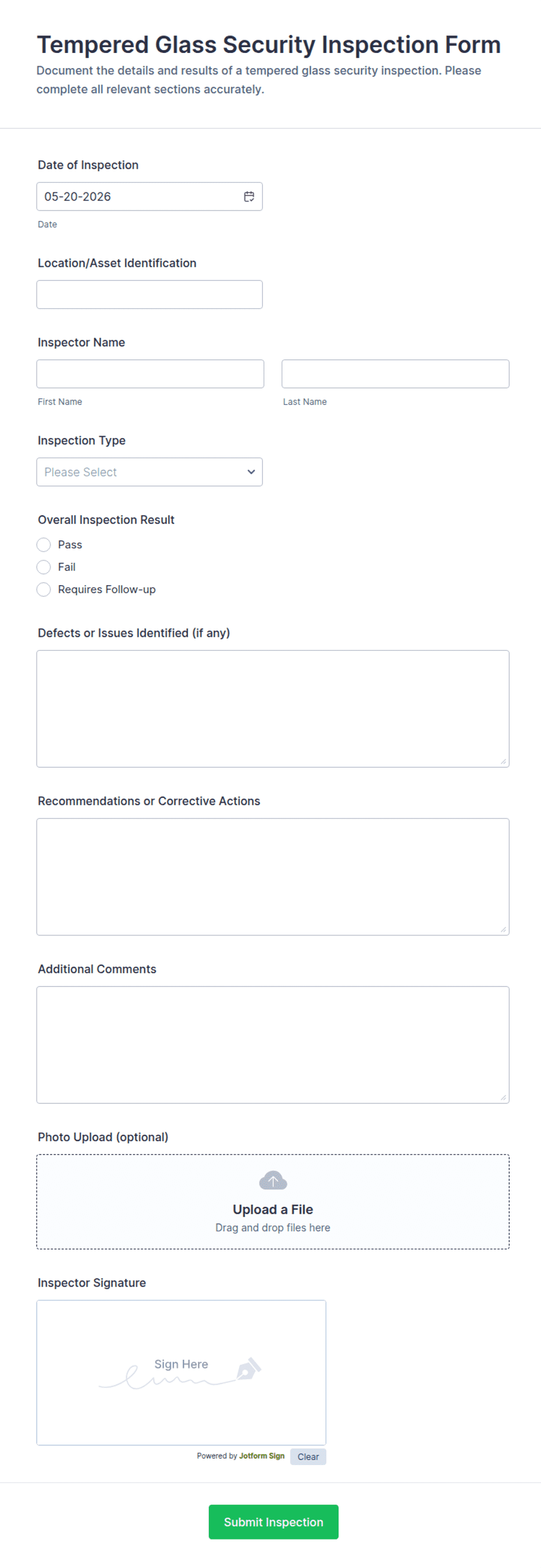 Vault Inspection Form Tempered Glass Security Inspection Form Template | Jotform