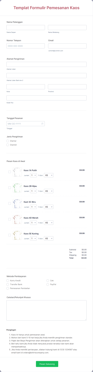 Templat Formulir Prapesanan Kaos Form Template