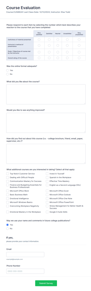 College Course Evaluation Form Template